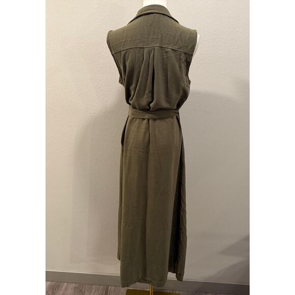 Tiffosi Olive Green Linen Blend Button Front Maxi Dress M Belted Safari Boho - Picture 2 of 8
